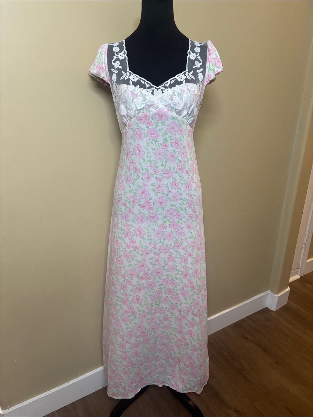 Sky to Moon ivory and pink rose print maxi dress